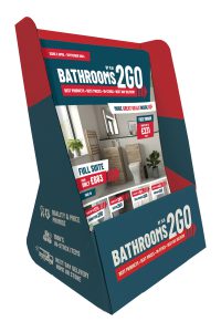 A4 brochure holder in blue and red, with a Bathrooms2GO logo on the front.