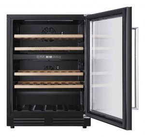 Prima wine cooler with door open showing 4 wooden shelves inside.
